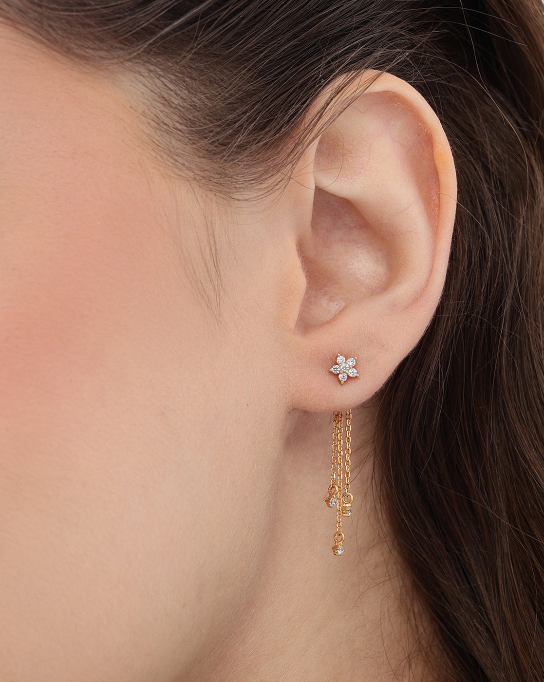 18kt Gold Plated Dangling CZ and Chain Floral Drop Earring