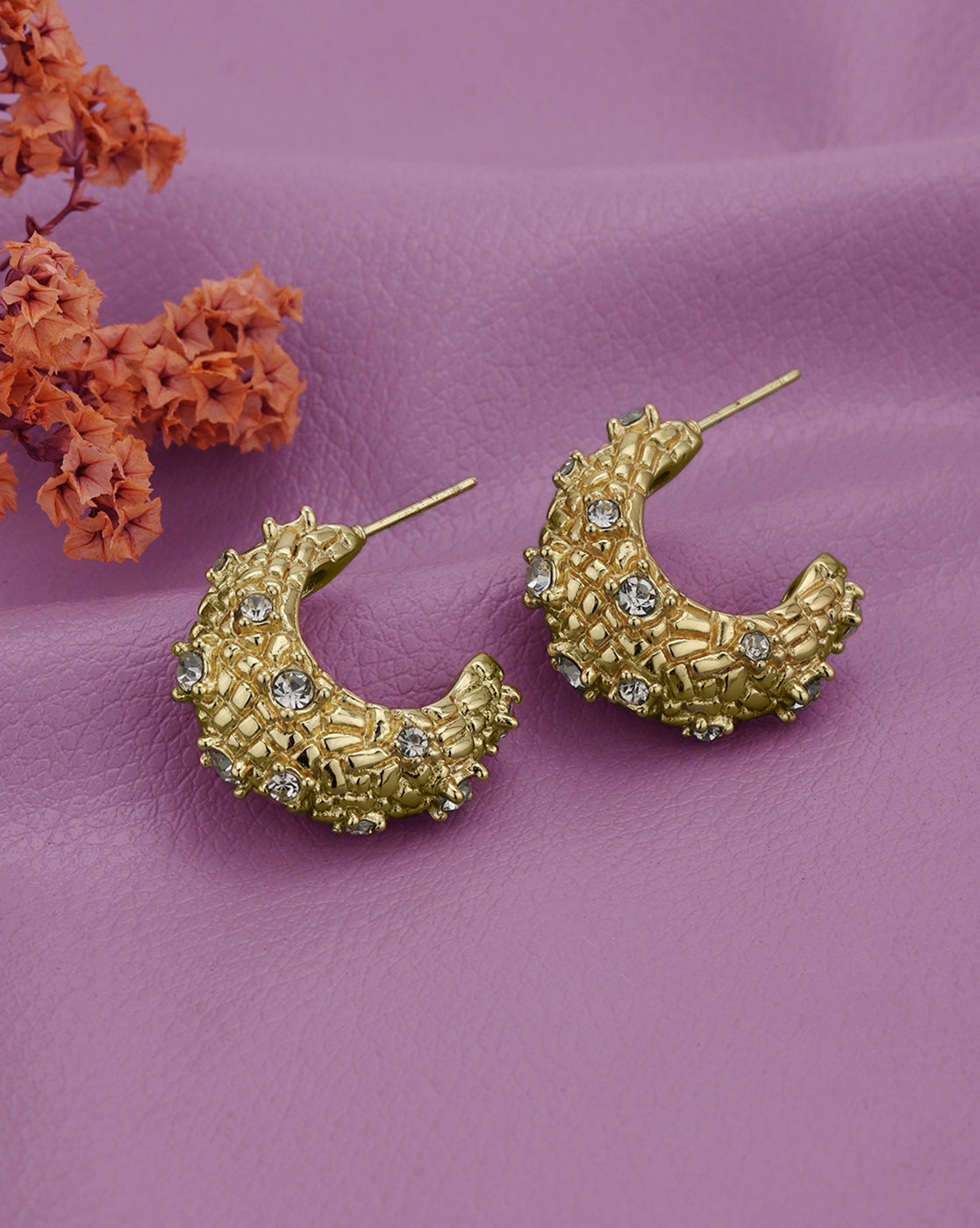 Gold Plated CZ Half Hoop Statement Earring
