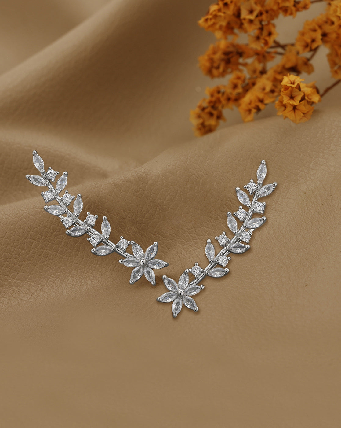 Silver Plated CZ Floral and Leaf Climber Earring