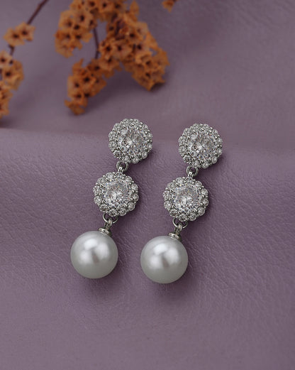 Silver Plated CZ Dangling Pearl Circular Drop Earring