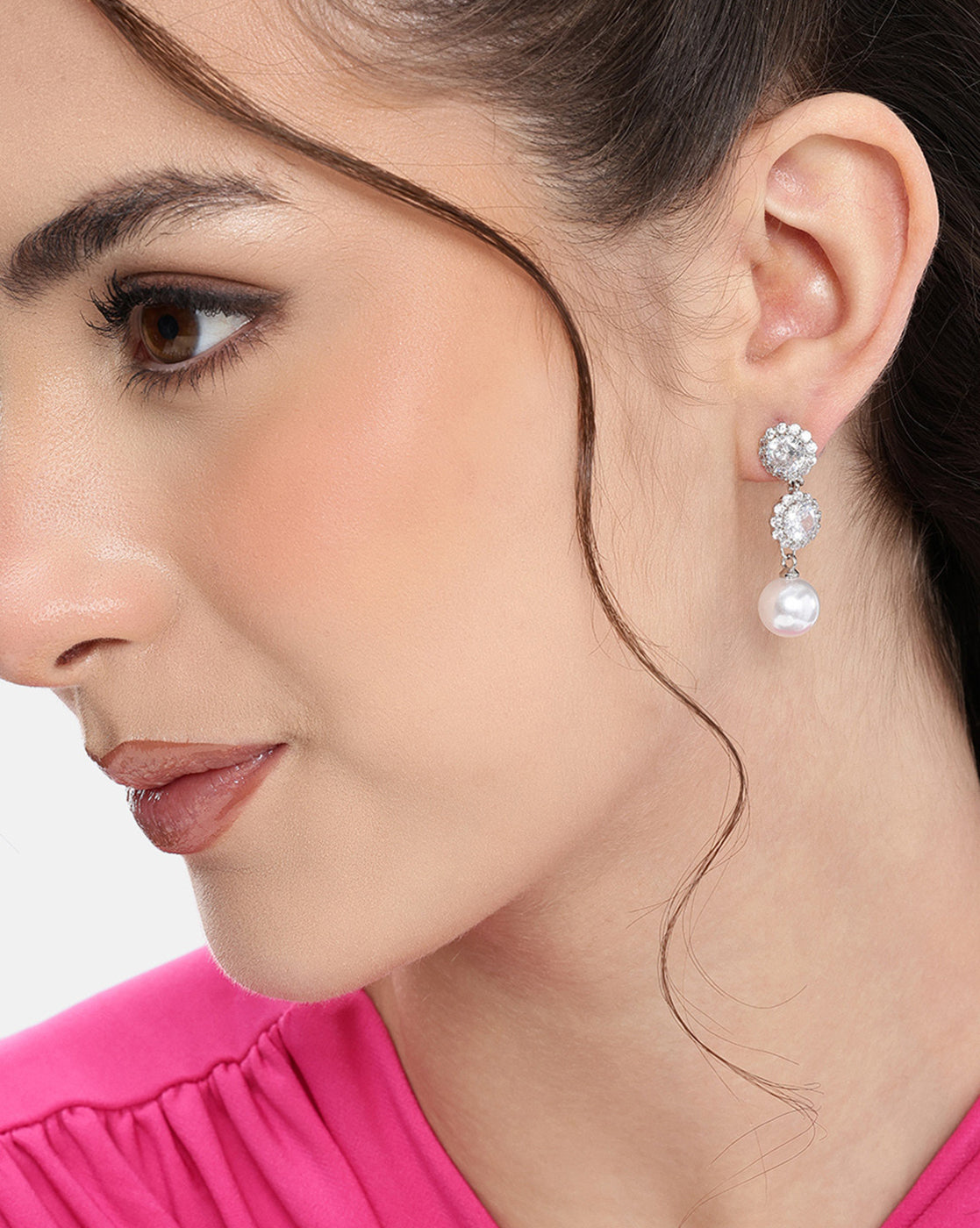 Silver Plated CZ Dangling Pearl Circular Drop Earring