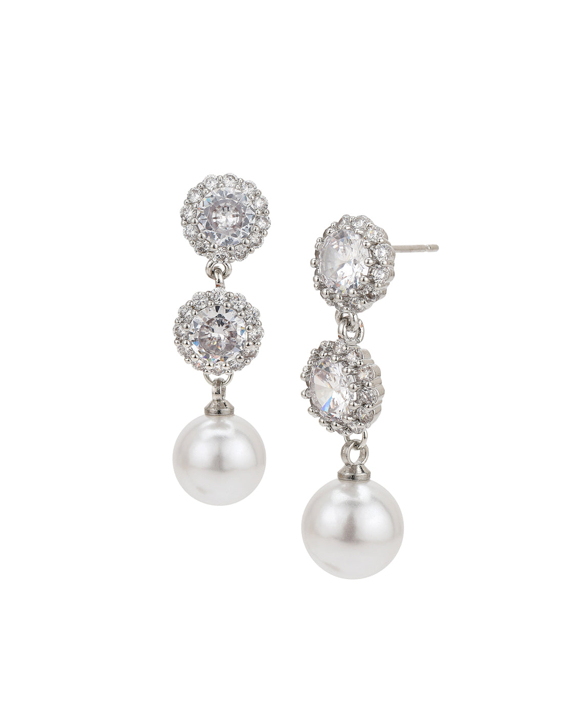Silver Plated CZ Dangling Pearl Circular Drop Earring