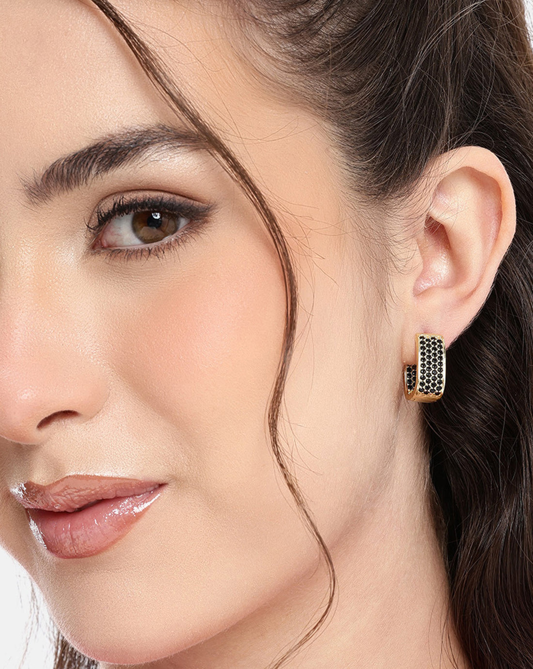 Gold Plated Black CZ Oval Hoop Earring