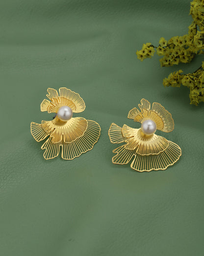 Gold Plated White Pearl Contemporary Bold Stud Earring