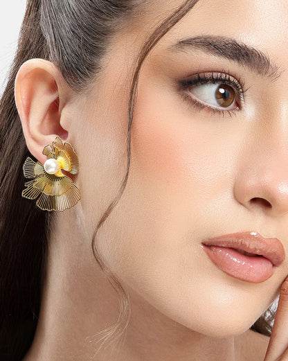 Gold Plated White Pearl Contemporary Bold Stud Earring