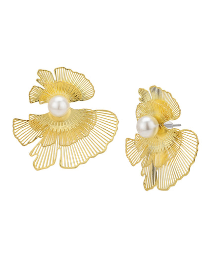 Gold Plated White Pearl Contemporary Bold Stud Earring