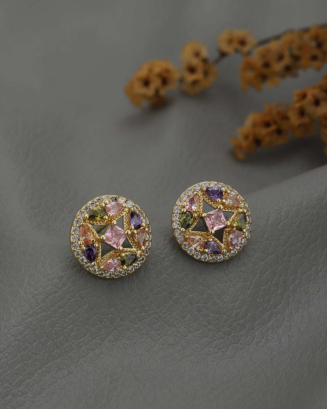 Gold Plated Multi Color CZ Circular Stud Earring