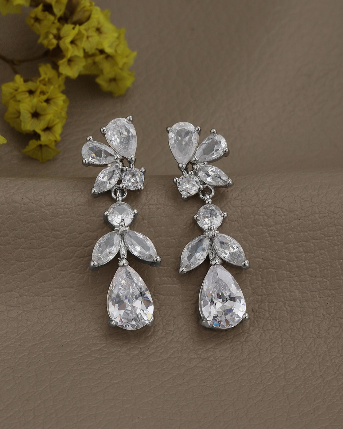 Silver Plated CZ Leaf Drop Statement Earring