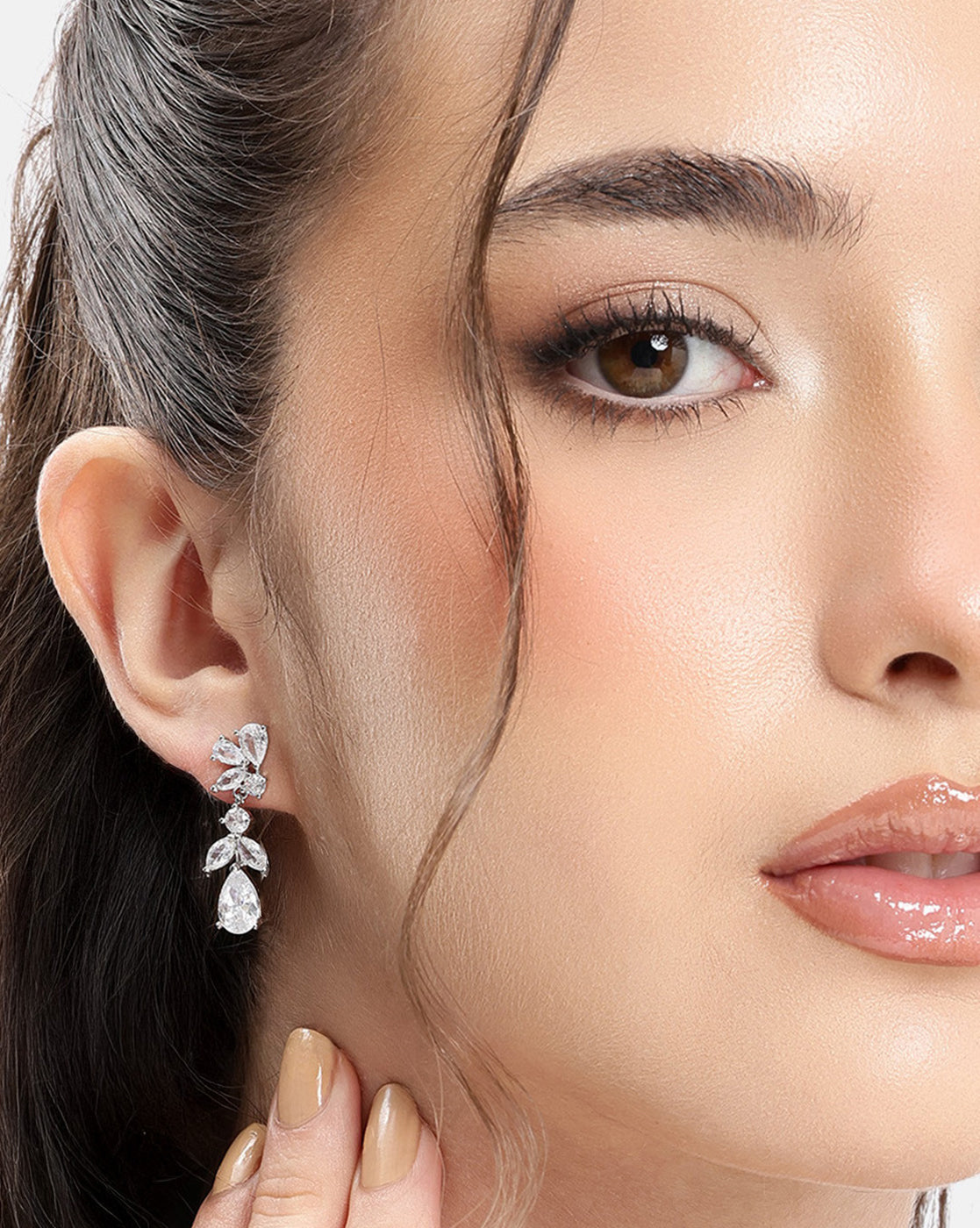 Silver Plated CZ Leaf Drop Statement Earring