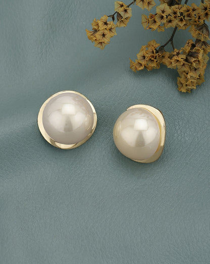 Gold Plated White Pearl Circular Bold Stud Earring