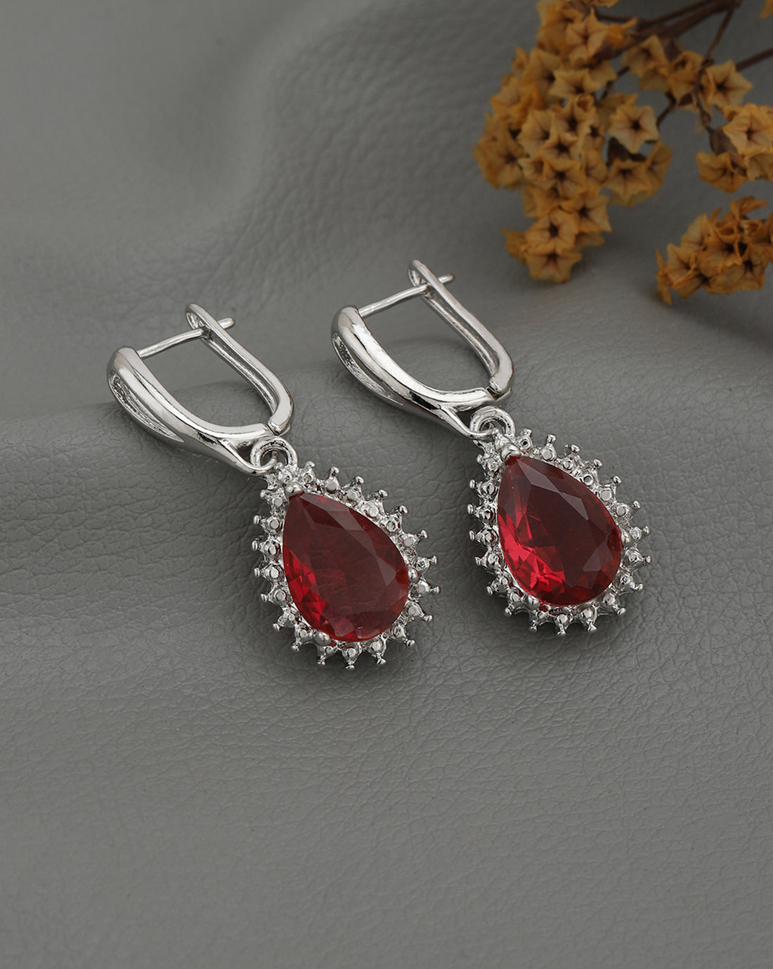 Silver Plated CZ Ruby Teardrop Hoop Earring
