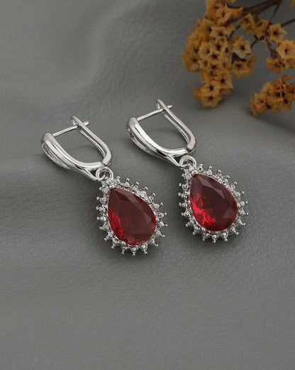 Silver Plated CZ Ruby Teardrop Hoop Earring