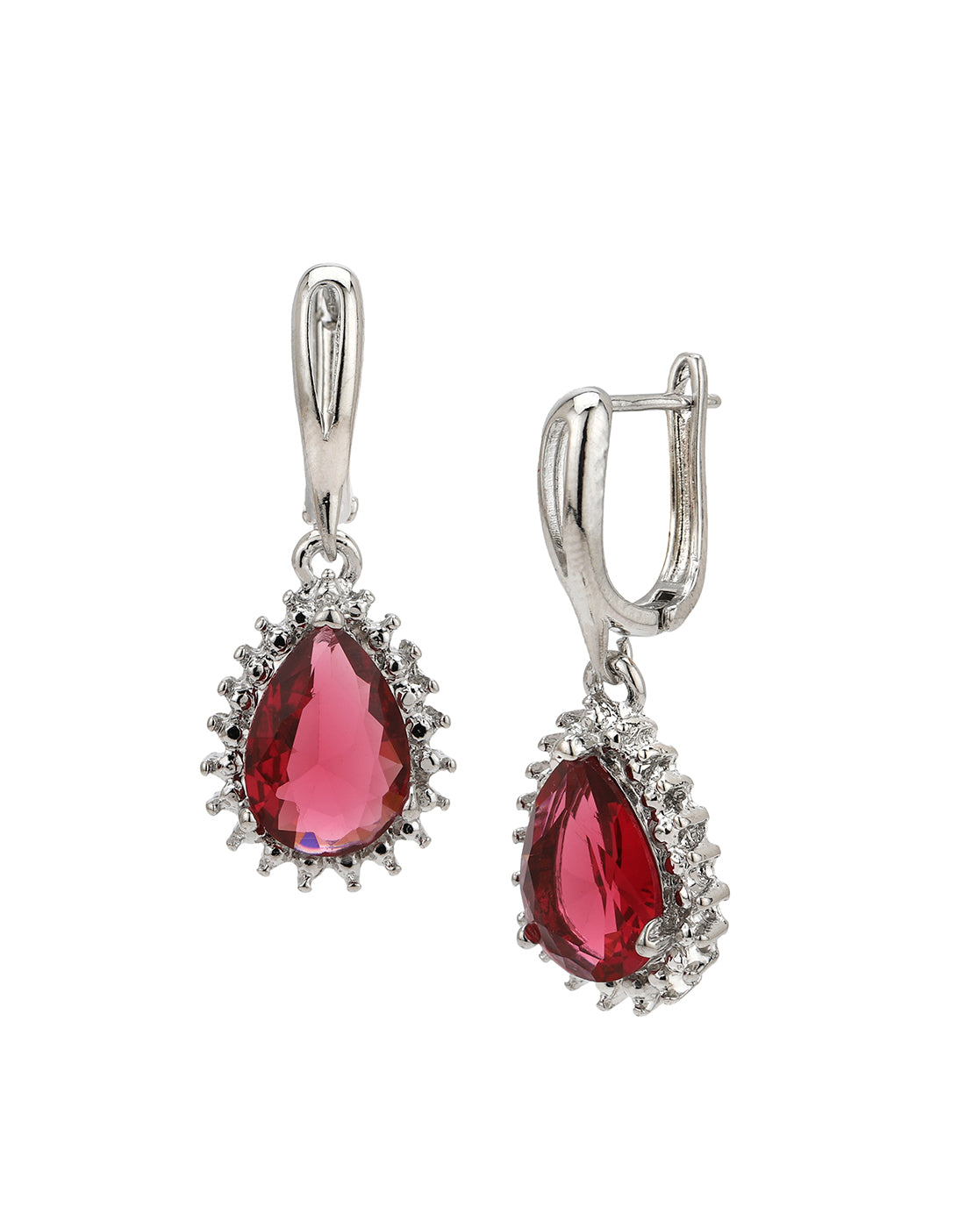 Silver Plated CZ Ruby Teardrop Hoop Earring