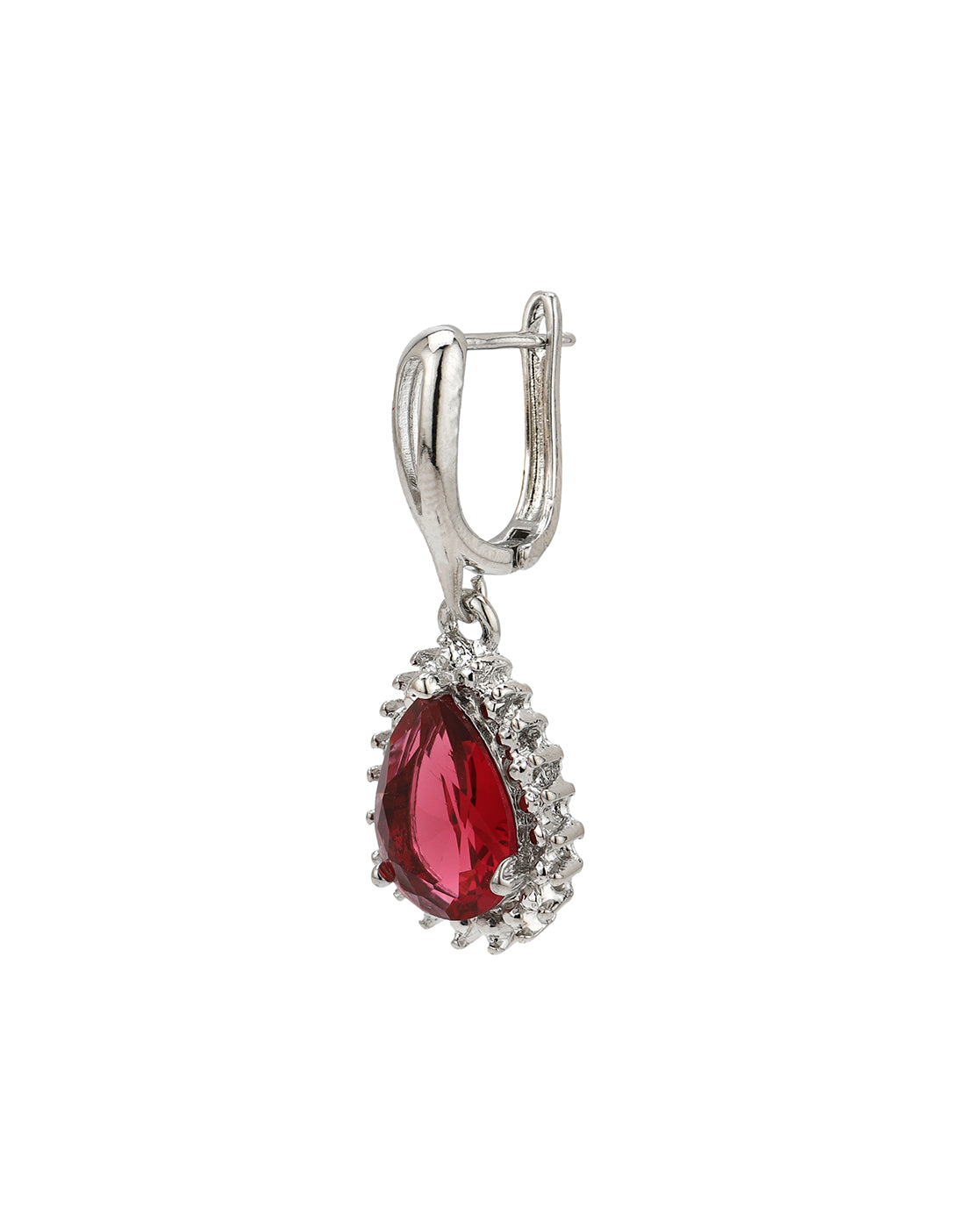 Silver Plated CZ Ruby Teardrop Hoop Earring