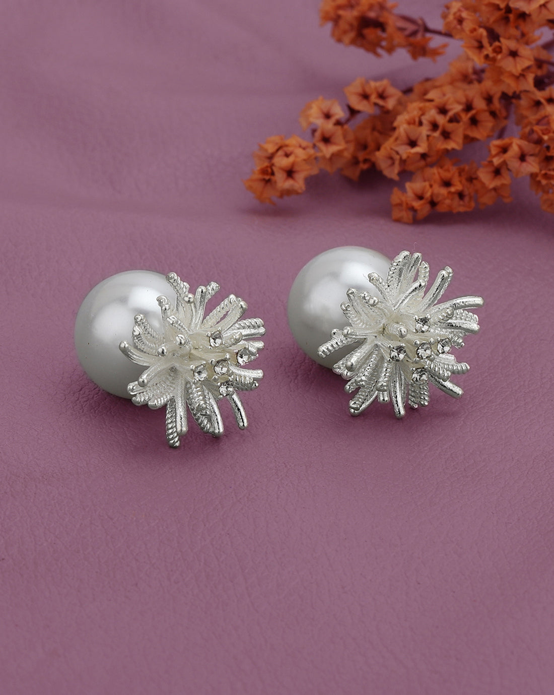 Silver Plated CZ White Pearl Reversible Bold Stud Earring