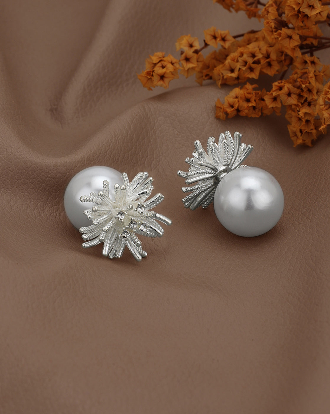 Silver Plated CZ White Pearl Reversible Bold Stud Earring