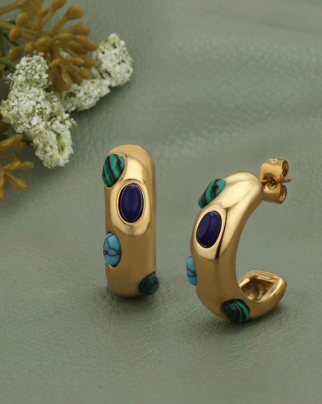 18kt Gold Plated Multiple Stone Contemporary Half Hoop Earring