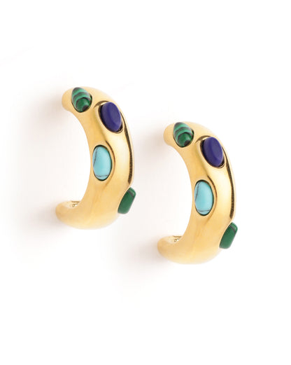 18kt Gold Plated Multiple Stone Contemporary Half Hoop Earring