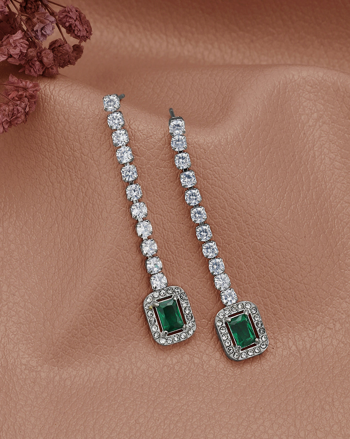Silver Plated Emerald CZ Square Drop Earring