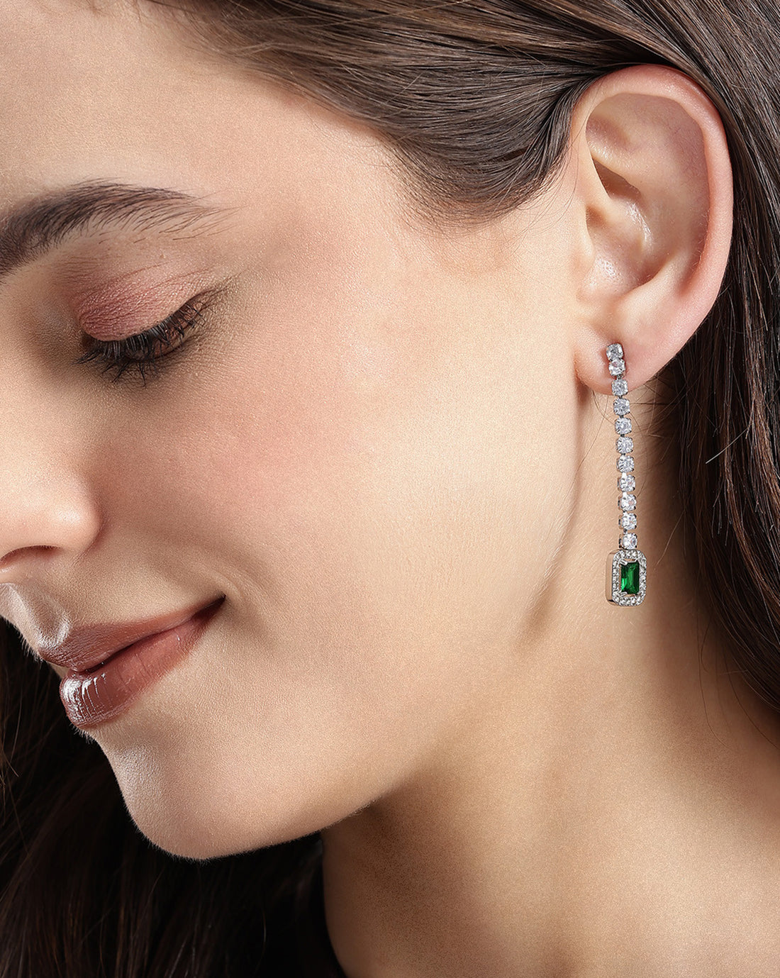 Silver Plated Emerald CZ Square Drop Earring