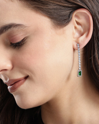 Silver Plated Emerald CZ Square Drop Earring