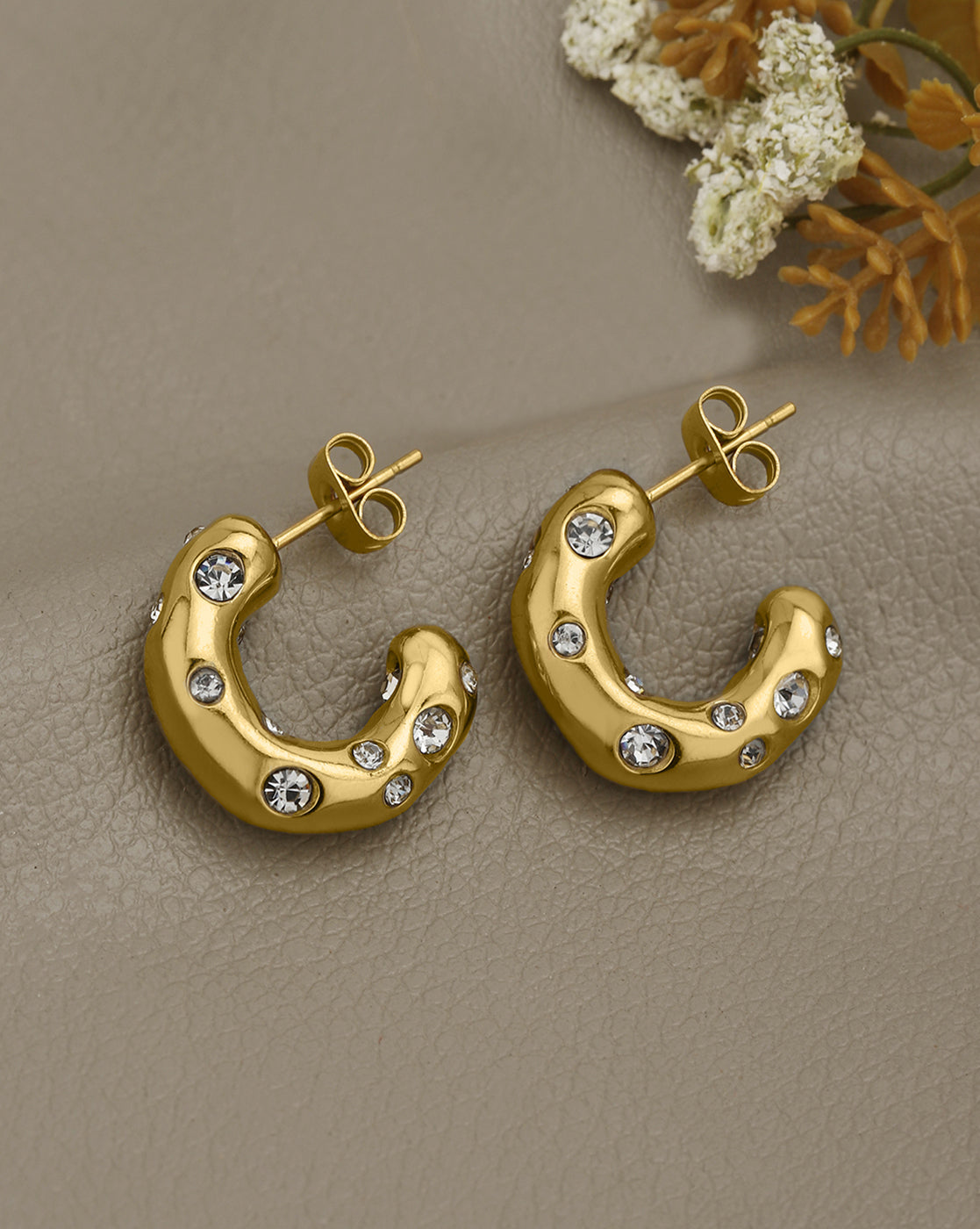 18kt Gold Plated CZ Contemporary Half Hoop Earring