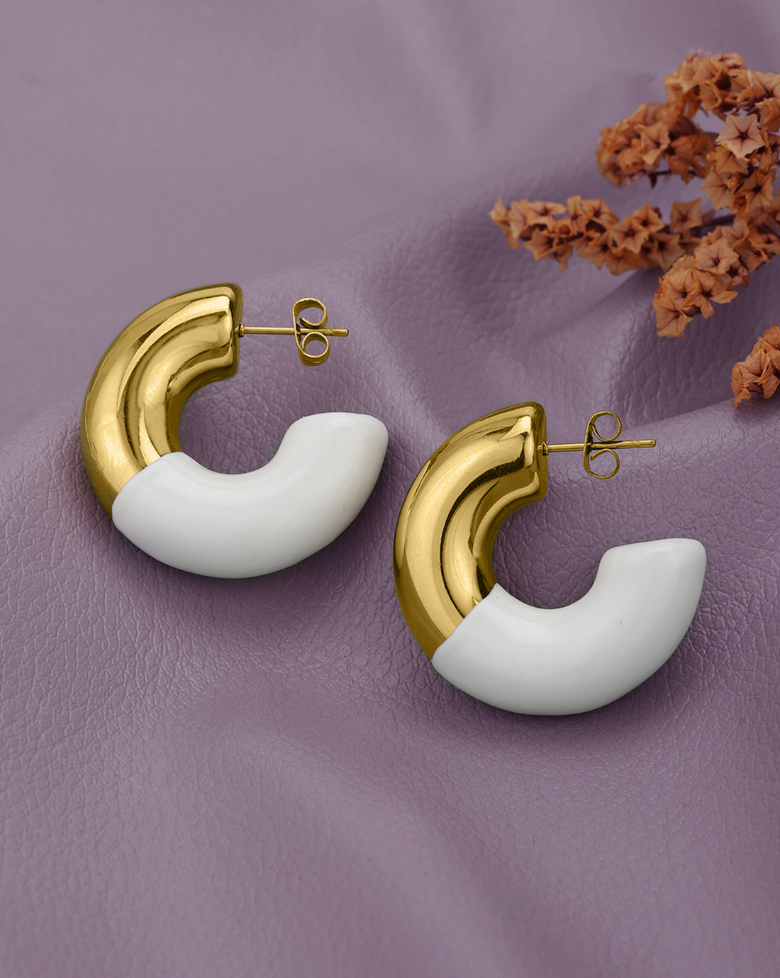 18kt Gold Plated Crescent Dual Color Half Hoop Earring