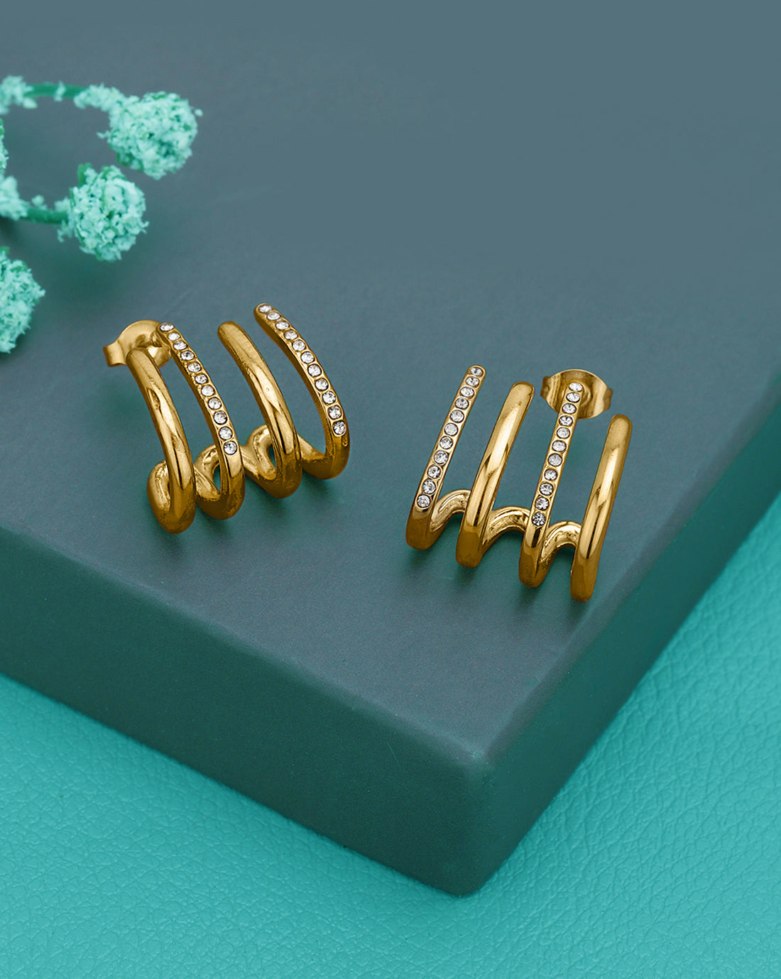 18kt Gold Plated CZ Contemporary Half Hoop Earring