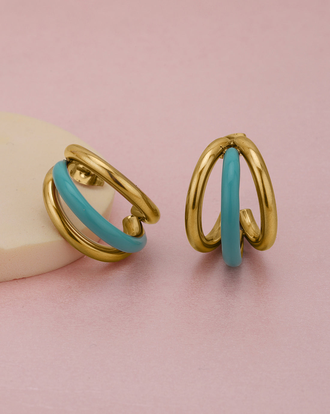 Genz 18kt Gold Plated Enamel Triple Layered Half Hoop Earring