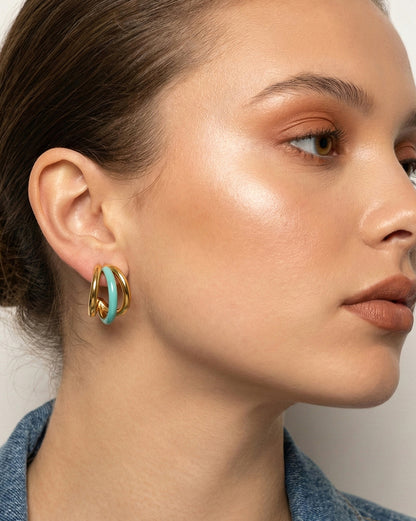 Genz 18kt Gold Plated Enamel Triple Layered Half Hoop Earring