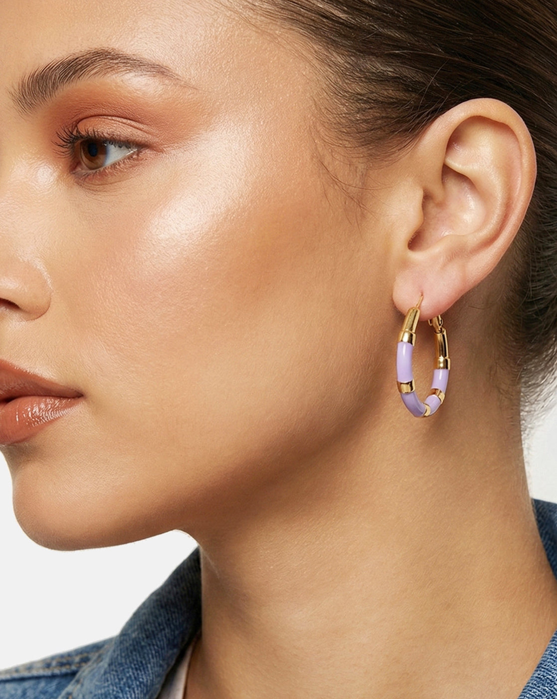 Genz 18kt Gold Plated Enamel Hoop Earring