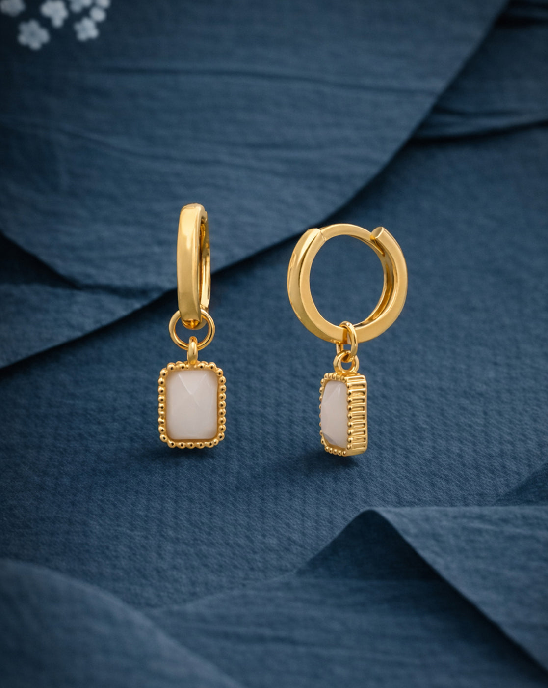 18kt Gold Plated Dangling White Agate Stone Hoop Earring