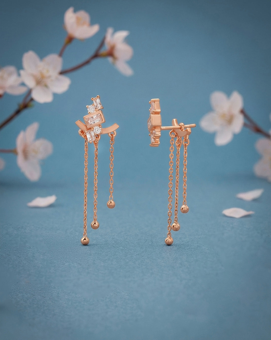 18kt Rose Gold Plated CZ Cascading Chain Drop Earring