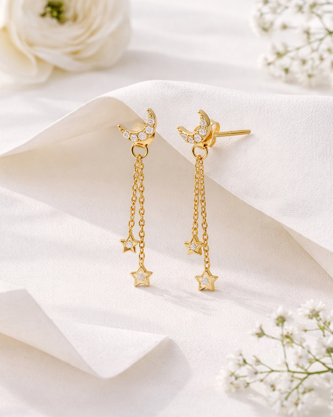 18kt Gold Plated CZ Dangling Star and Crescent Drop Earring