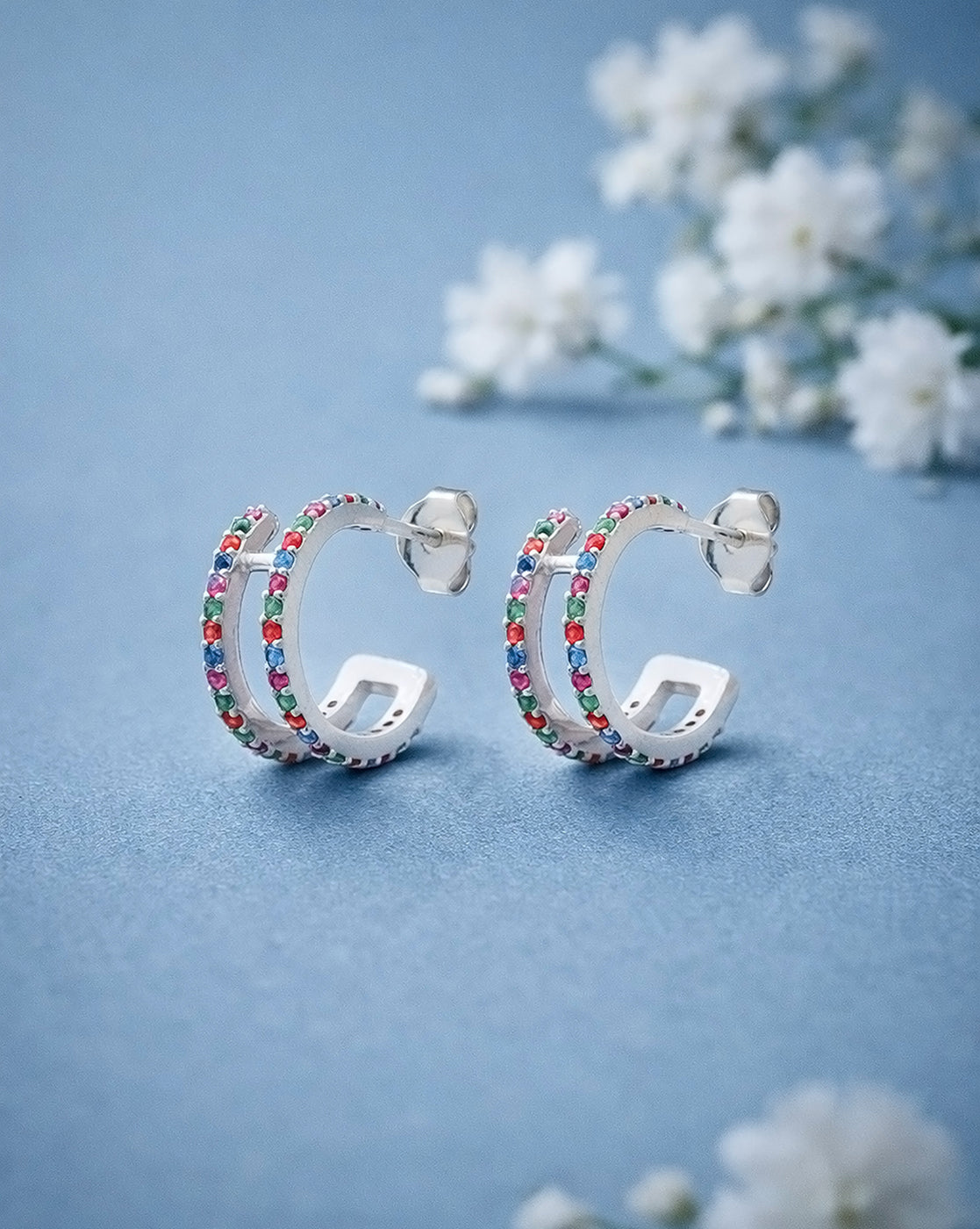 Rhodium Plated Multi Colour CZ Half Hoop Earring