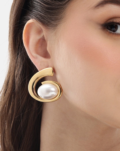 Premium 18kt Gold Plated Pearl Contemporary Bold Stud Earring