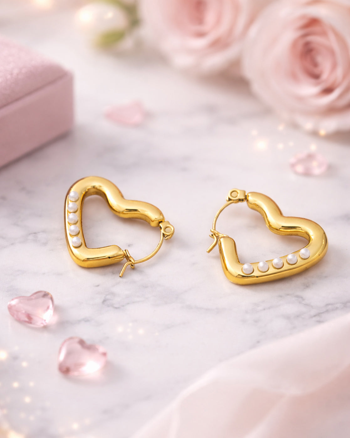 18kt Gold Plated Pearl and Heart Hoop Earring