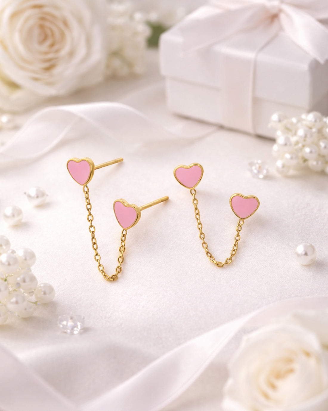 18kt Gold Plated Pink Enamel Heart Stud with Chain Earring