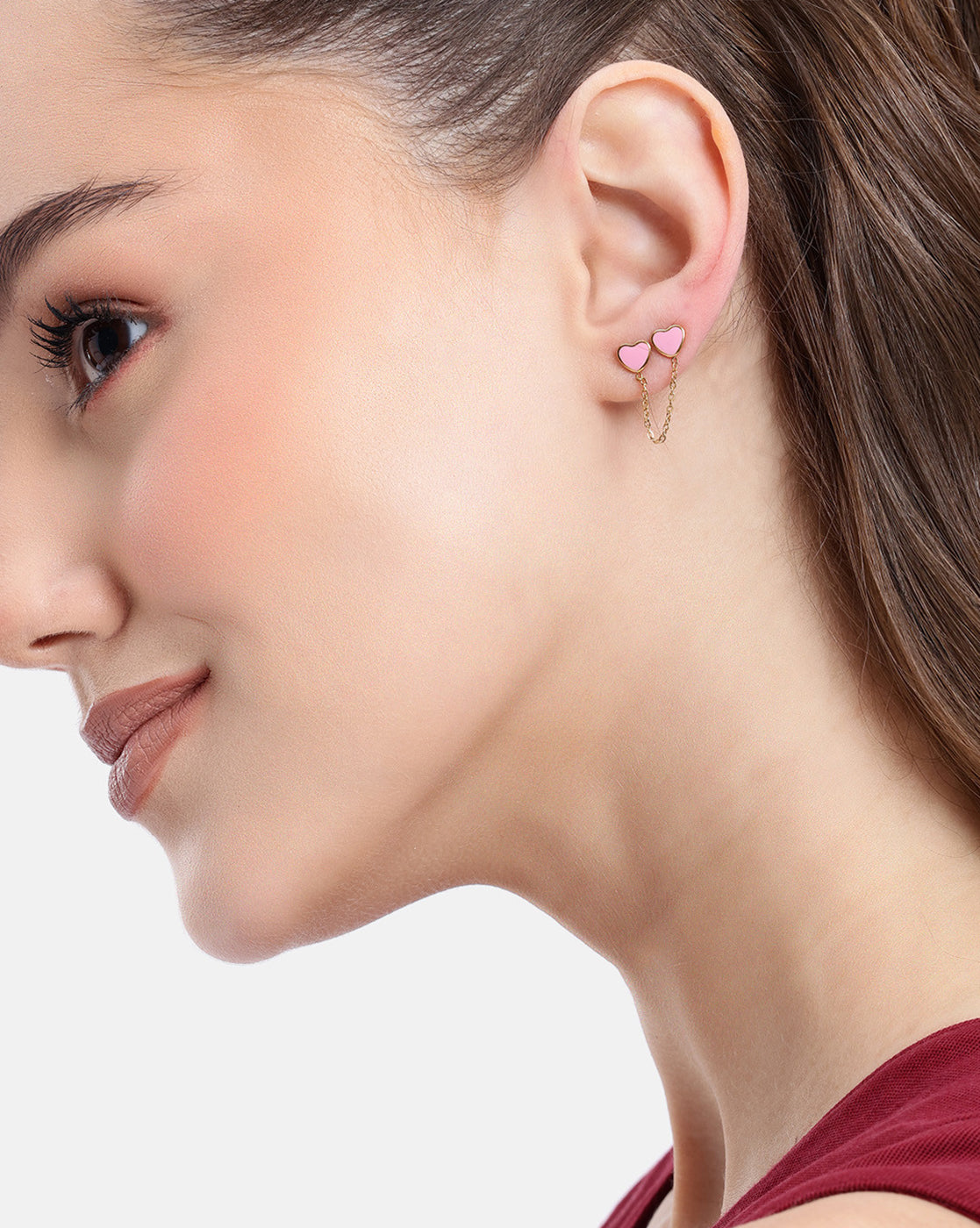 18kt Gold Plated Pink Enamel Heart Stud with Chain Earring