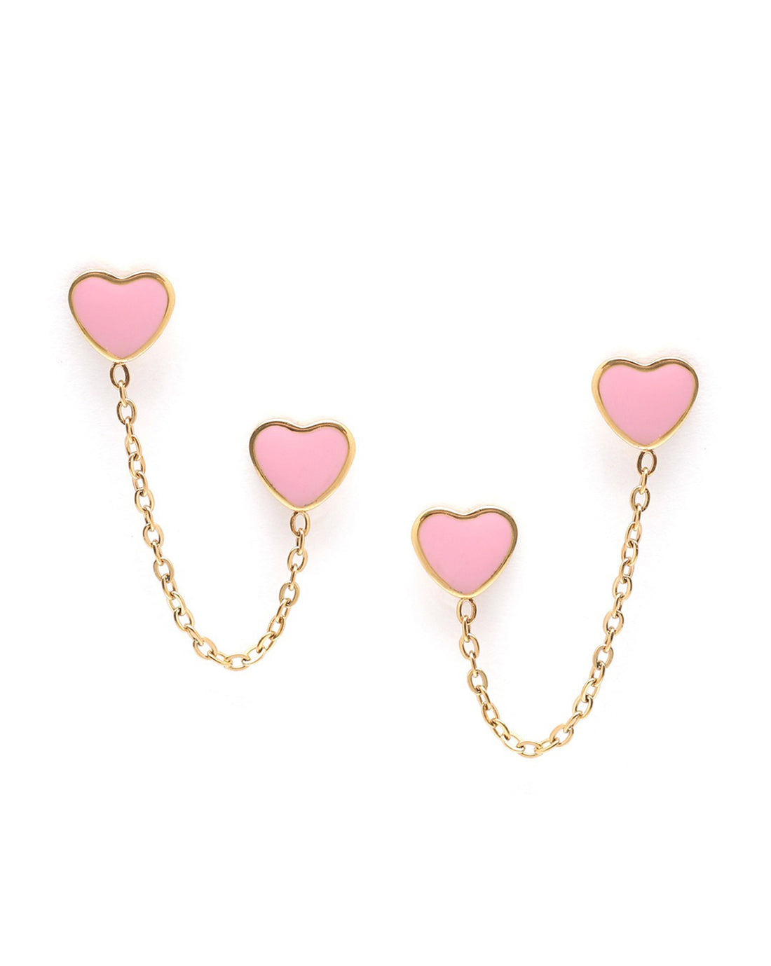 18kt Gold Plated Pink Enamel Heart Stud with Chain Earring