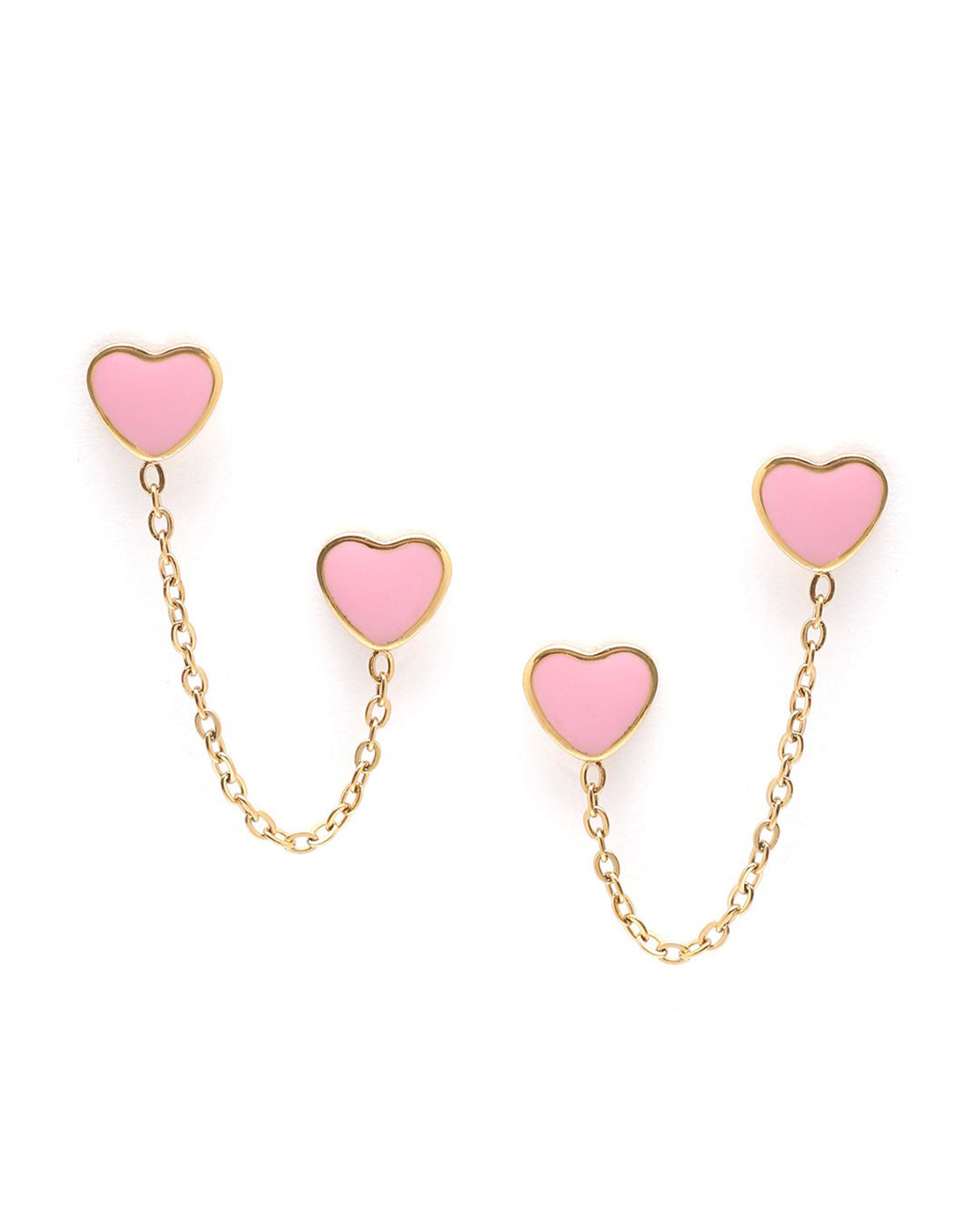 18kt Gold Plated Pink Enamel Heart Stud with Chain Earring