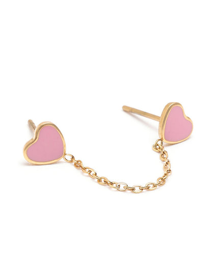 18kt Gold Plated Pink Enamel Heart Stud with Chain Earring