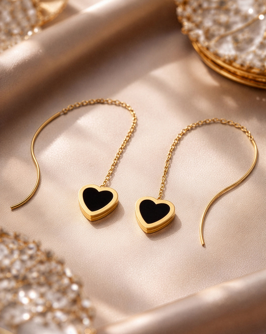 18kt Gold Plated Black Enamel Heart Threader Earring