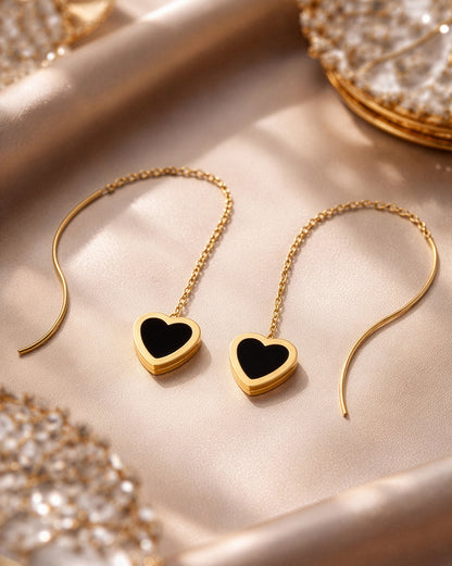18kt Gold Plated Black Enamel Heart Threader Earring