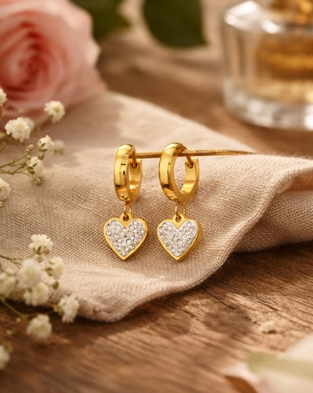 18kt Gold Plated CZ Dangling Heart Hoop Earring