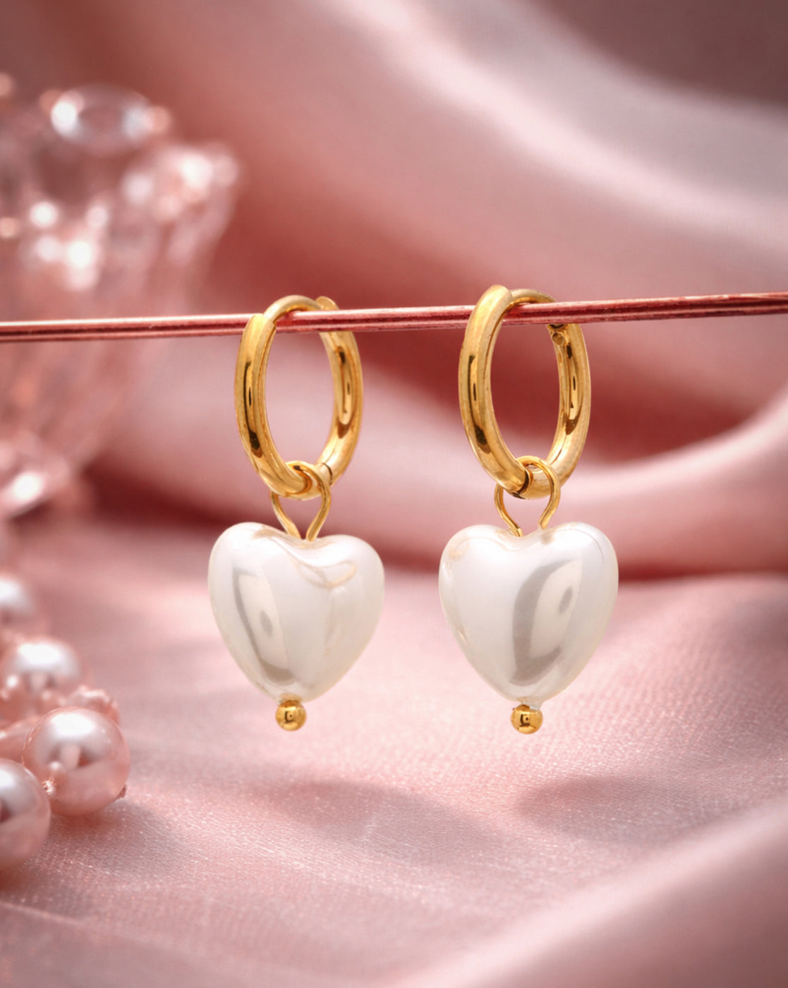 18kt Gold Plated Dangling Pearl Heart Hoop Earring