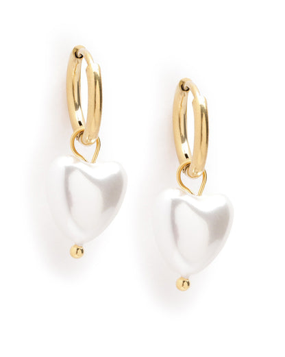 18kt Gold Plated Dangling Pearl Heart Hoop Earring