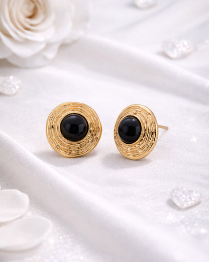 Gold Plated Halo Black Stone Earrings