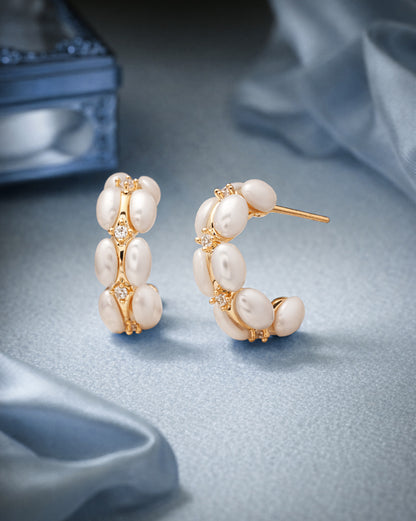 Gold Plated CZ Pearl Half Hoop Earring