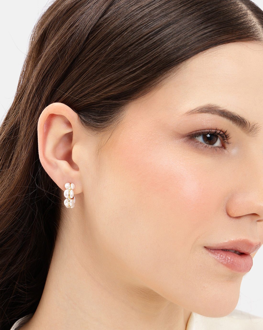 Gold Plated CZ Pearl Half Hoop Earring